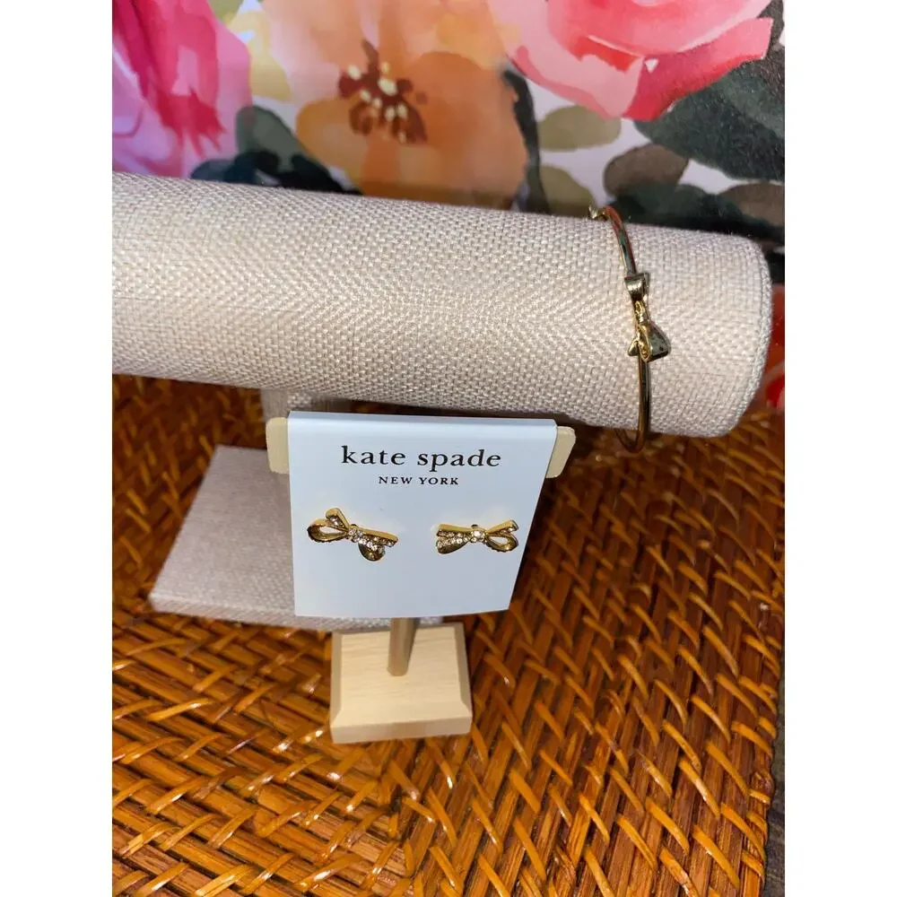 Kate Spade Bow Jewelry Bundle Lot Set Earrings NWT Bow Bangle Bracelet Gold - Picture 2 of 9